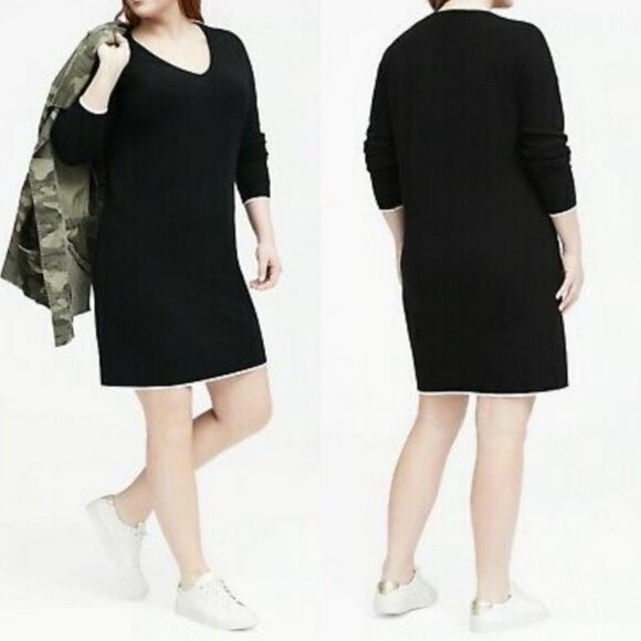 Banana Republic Cashmere Merino Wool Sweater Dress Black V-Neck White Trim XS‎ - Picture 14 of 14